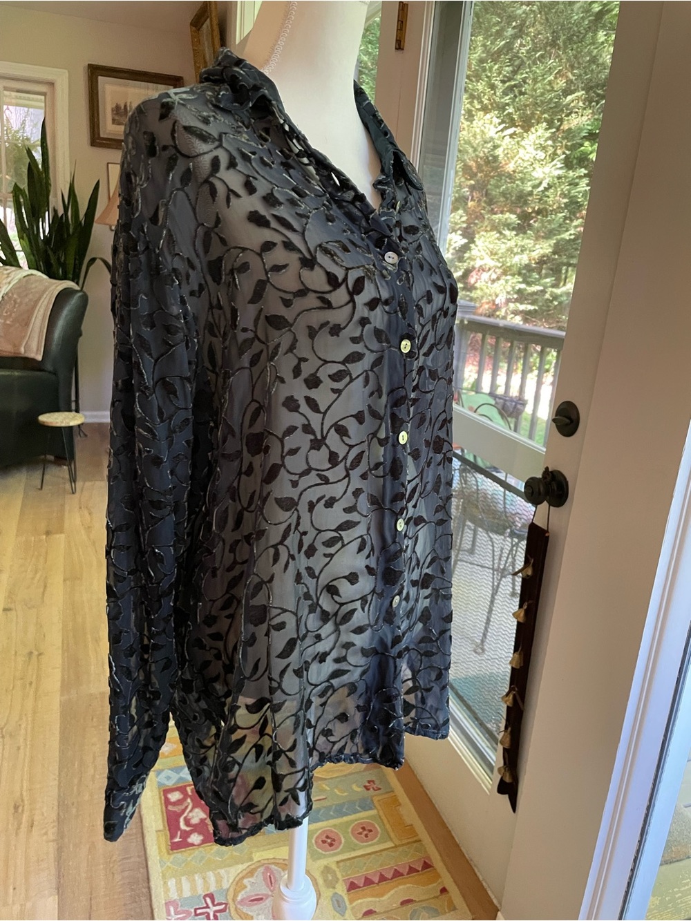 Valerie Stevens Dark Grey/blue Sheer Blouse with Black Velvet Leaf Design
